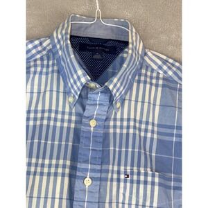 Tommy Hilfiger Mens Short Sleeve Plaid Button Up Shirt Blue White Size Medium